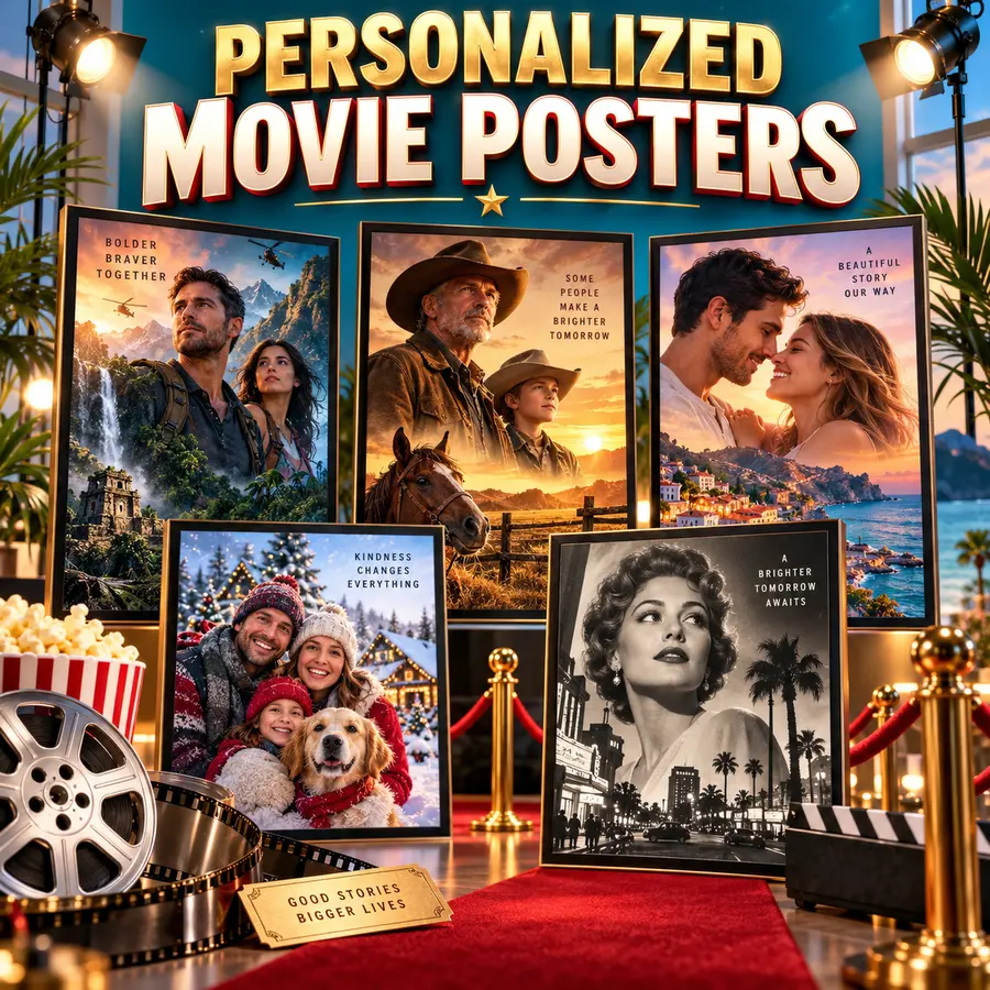 Examples of personalized action, western, romance, Christmas and vintage movie poster designs