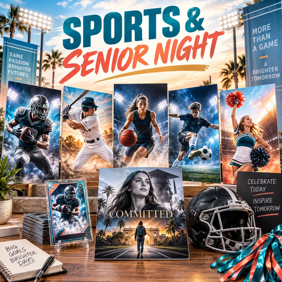 Sports and senior night poster designs for football, baseball, basketball, soccer and cheer